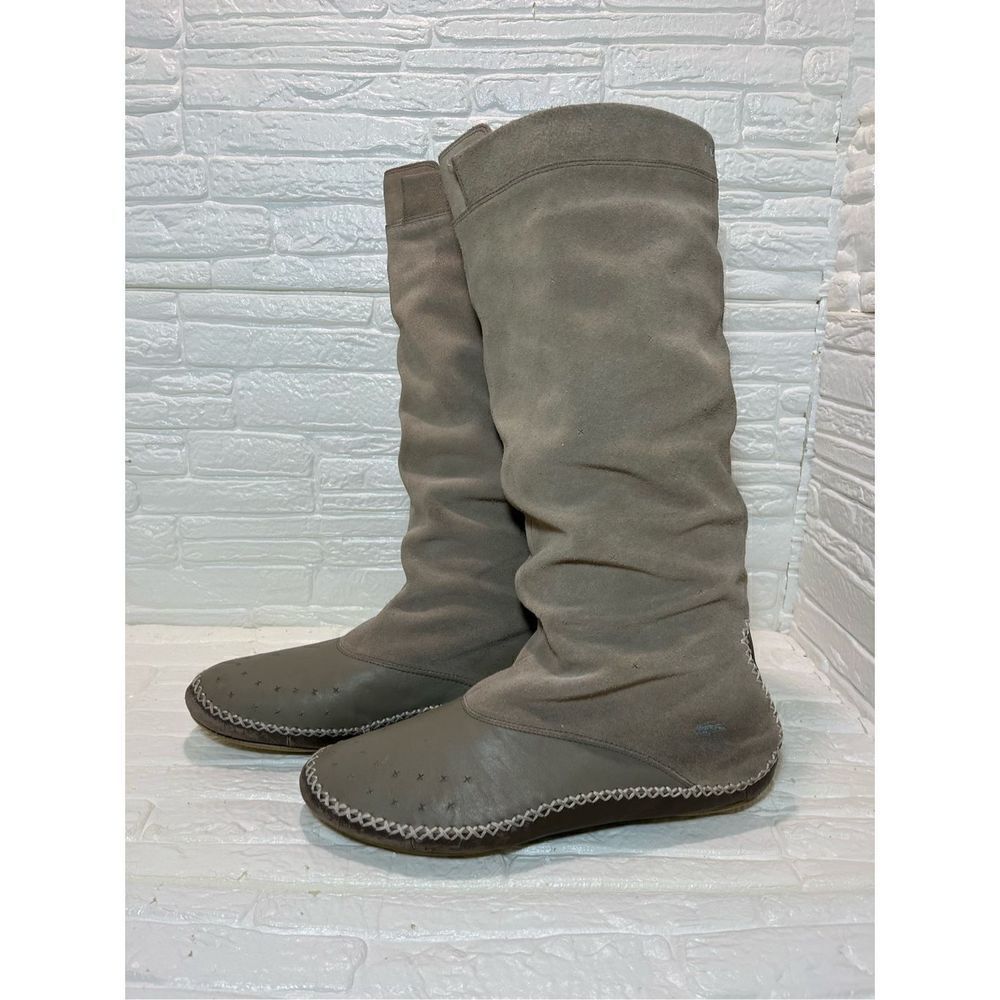 LACOSTE Cara Grey Beige Suede Leather Mid Calf Moccasin Slouch Boots